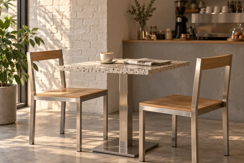 Cafe table and chairs with stainless steel rectangular pipe frames