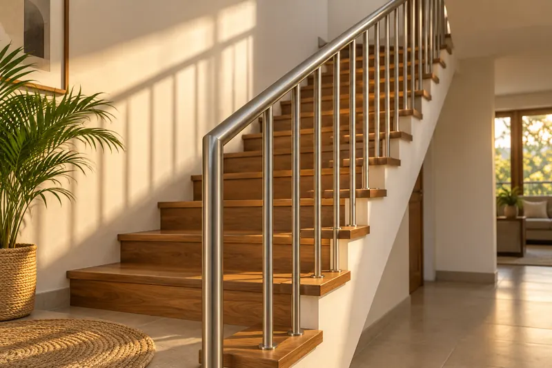 Staircase with brushed stainless steel round pipe railing