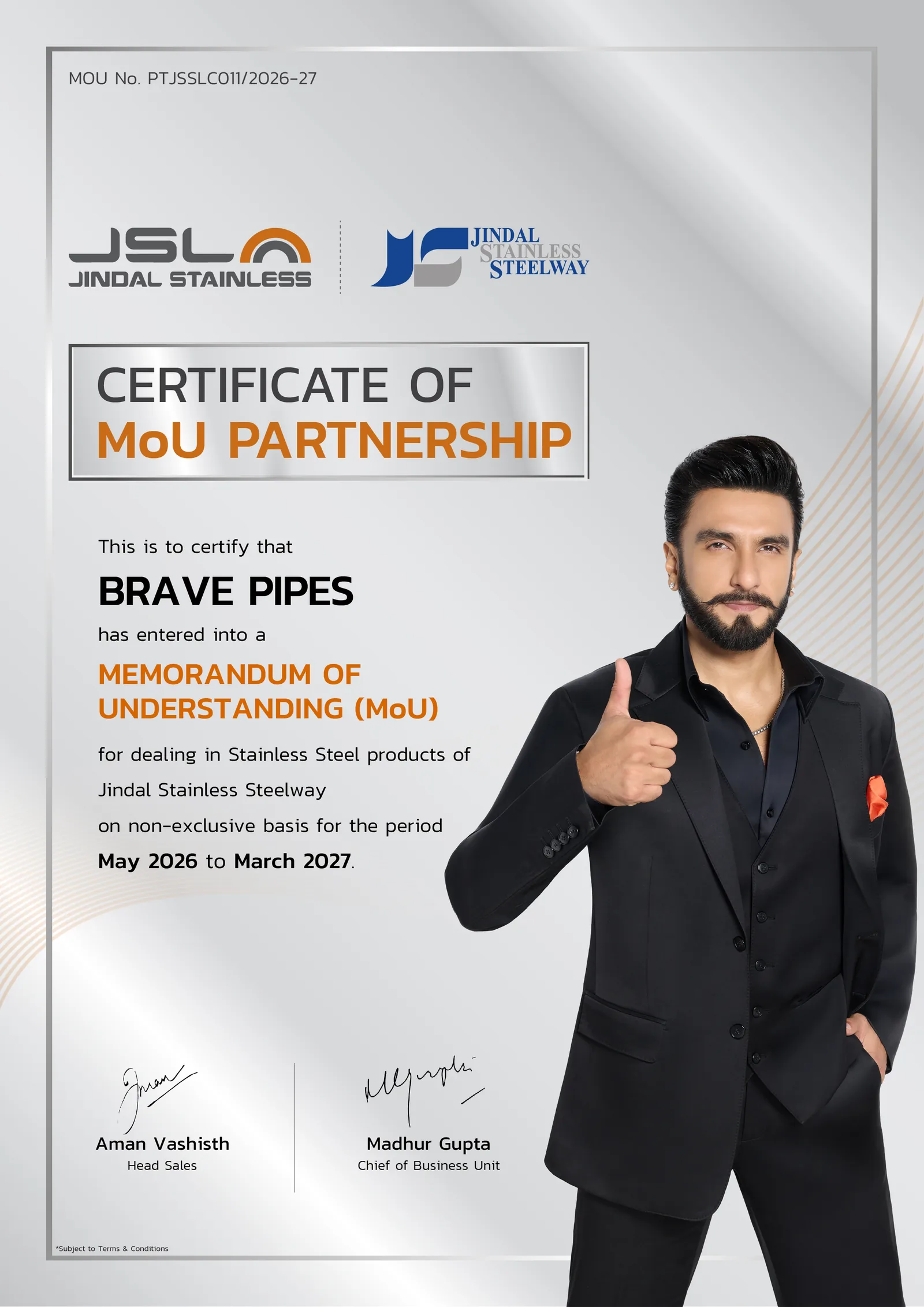 Certificate of MoU Partnership between Brave Pipes and Jindal Stainless Steelway