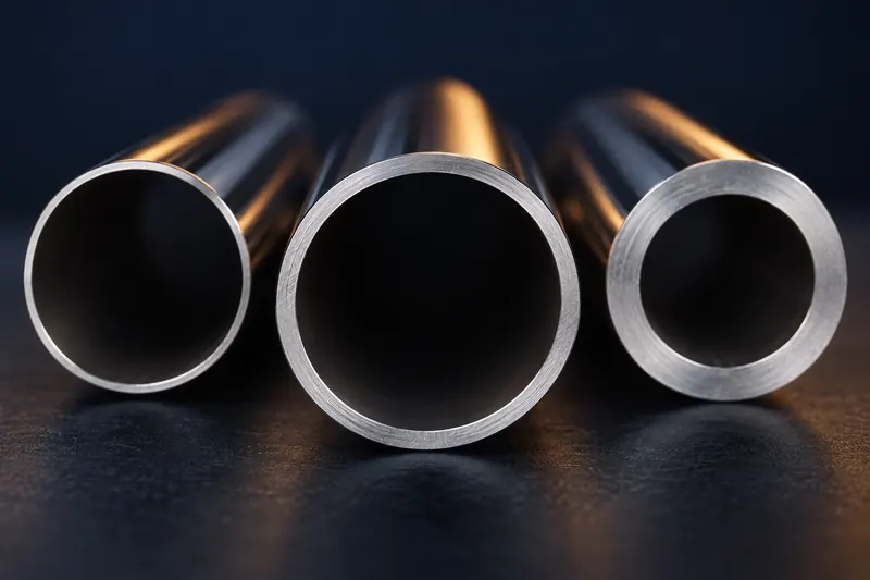 Three cut ends of SS 304 round pipe showing 1.2, 1.5 and 2.0 mm walls